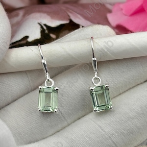 Handmade Prasiolite Earrings,Green Amethyst Lever Back,Emerald Cut 7x9m Dainty Earring,925 Sterling Silver,Women Anniversary Jewelry Dangle