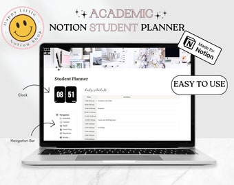 Könnte beinhalten: Ein Laptop-Bildschirm zeigt einen Notion-Studentenplaner mit Tagesplan und Navigationsleiste. Der Bildschirm zeigt die Uhrzeit 08:51. Der Text "Academic Notion Student Planner" steht oben, mit einem "Made for Notion"-Logo.
