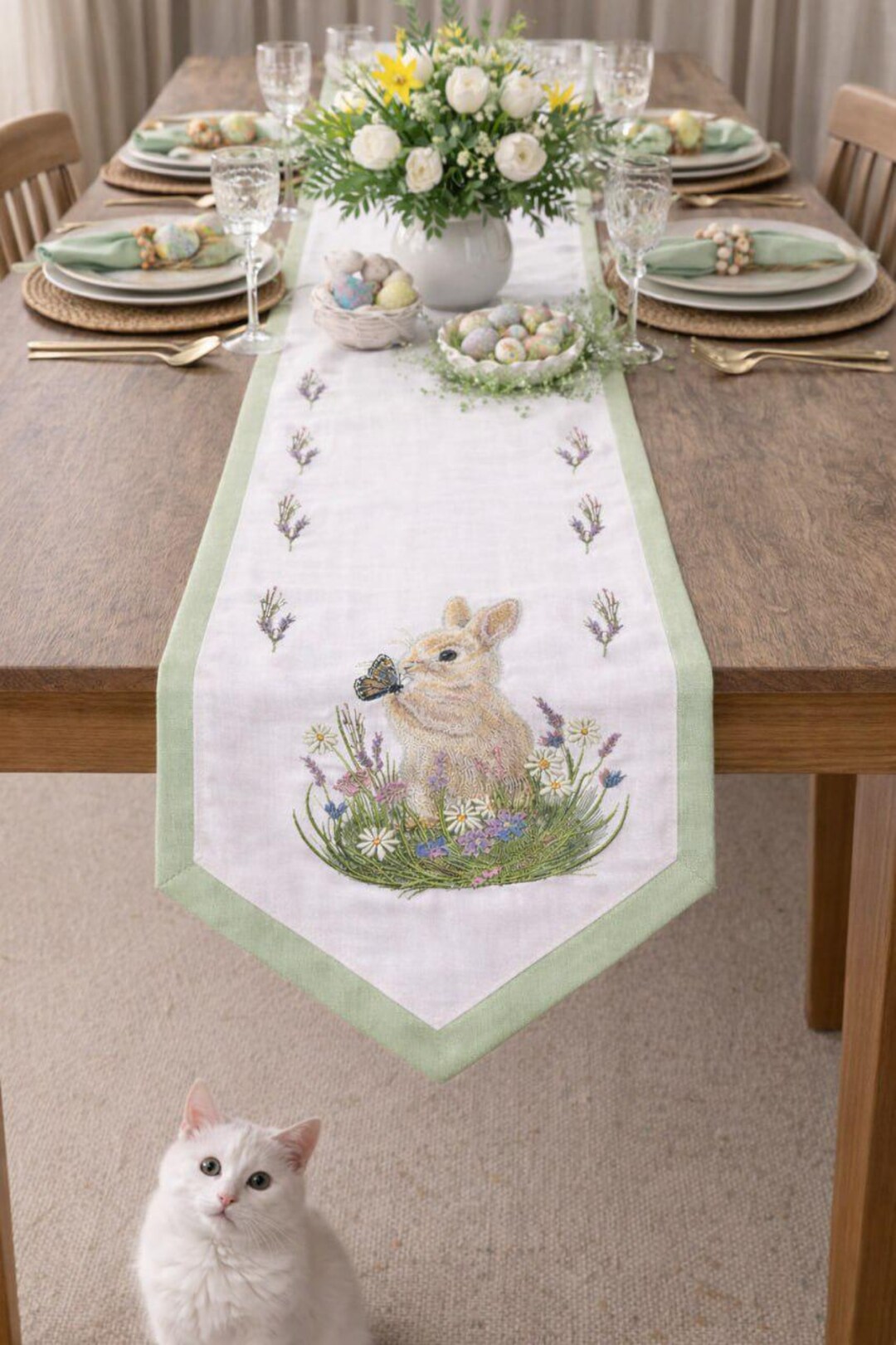 Embroidered Easter Table Runner With Bunny, Spring Farmhouse Linen ...
