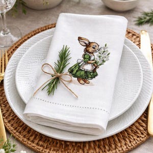 Easter Bunny Embroidered Linen Napkin, Neutral Spring Farmhouse Table Decor