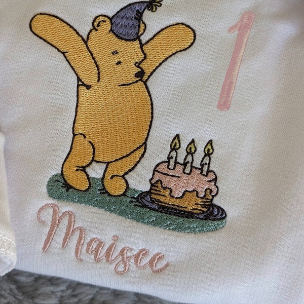 First Birthday Embroidered Winnie The Pooh Bubble Romper, One Year Old, Baby Bubble Romper With Name Personalization & Custom Thread Choice