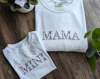 Floral Mama Embroidered Light Color T-Shirt- Mama Floral Tee, Embroidered, Gifts for Her, Embroidered Flowers, Comfort Colors Tee