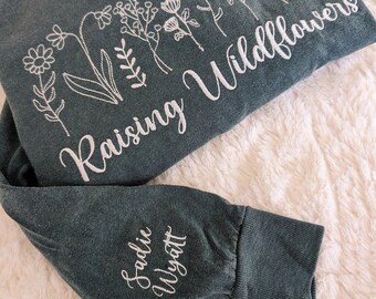 Embroidered Raising Wildflowers Comfort Colors Long Sleeve Shirt w/ Personalized Sleeve, Choice of Font for Sleeve, Names of Children