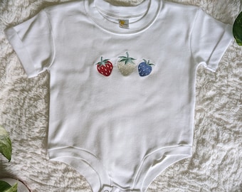 Red White Blue Strawberries Embroidered Bubble Romper, 4th of July Baby Bubble Romper, Baby Rompers, Independence Day, Strawberry Embroidery