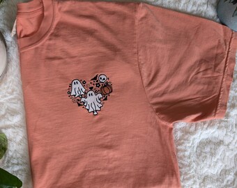 Spooky Halloween Heart Embroidered Comfort Colors Tee, Ghosts, Skull, Bats, Pumpkin, Heart, Embroidery T-Shirt, Gift, Halloween Lover