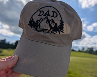 Dad Embroidered Hat w/ Mountains and Trees, Soft Unstructured Cap, Khaki or White w/ Black Thread, New Dad Gift, Nature Lover, Fathers Day