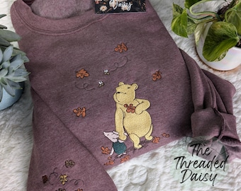 Breezy Leaves on Sleeve Pooh and Piglet Adult Embroidered Fall Sweatshirt, Breezy Leaves on Sleeve, Autumn Leaves Sweatshirt, Halloween