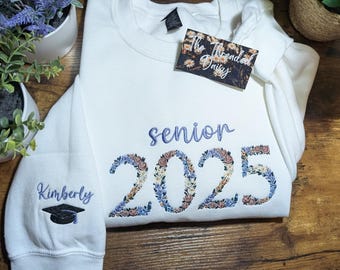 Floral Senior 2026 Embroidered Sweatshirt, Personalized Sleeve w/ Cap, Graduation Sweatshirt, Year Floral Sweatshirt, Gifts for Her