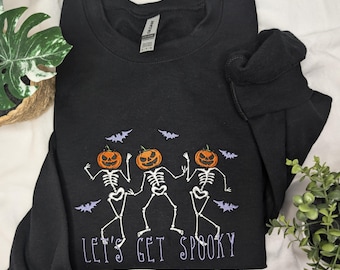 Let's Get Spooky, Dancing Skeletons Embroidered Sweatshirt, Halloween Apparel, Spooky Apparel, Pumpkins, Bats, Fall Season, Embroidery