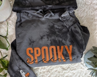 Spooky Season Tie-Dye Embroidered Hoodie w/ Embroidered Ghost Sleeve, Halloween Apparel