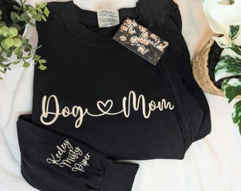 Comfort Colors Embroidered Dog Mom Long Sleeve Shirt w/ Personalized Sleeve, Embroidery, Dog Lover Gift, Dog Mom