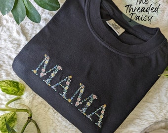 Floral Mama Embroidered Dark Color T-Shirt- Mama Floral Tee, Embroidered, Gifts for Her, Embroidered Flowers, Comfort Colors Tee