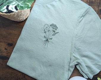 Wildflower Bouquet T-Shirt, Embroidery, Flower Bouquet Shirt, Wildflowers, Minimalist Design, Cute Flower Shirt, Embroidery