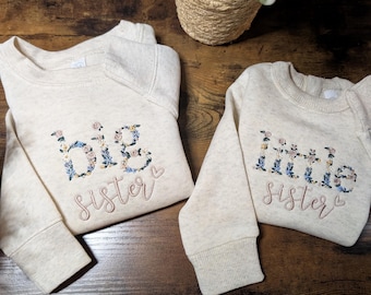 Floral Big Sister, Little Sister, Embroidered Sweatshirt & Fleece Bodysuit, New Baby, Older Sister, Baby Sister, Toddler and Baby Apparel