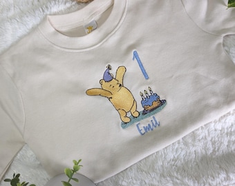 First Birthday Embroidered Winnie The Pooh Bubble Romper, Long or Cuffed Short Sleeve w Name Personalization & Custom Thread Choice, Baby