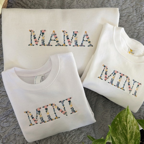 Ropa bordada con flores para mamá y mini, sudadera para mamá, sudadera para niños, mono floral para bebé, blanco, regalos para el Día de la Madre