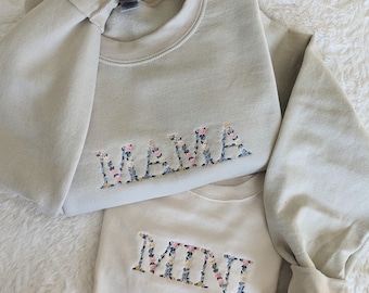 Mama & Mini Floral Embroidered Apparel, Mama Floral Sweatshirt, Mini Floral Bubble Romper, Embroidered, Mother's Day Gifts, Gifts for Her
