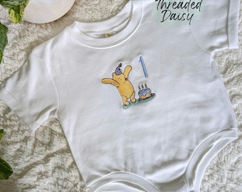 First Birthday Embroidered Winnie The Pooh Bubble Romper, Long or Cuffed Short Sleeve w Name Personalization & Custom Thread Choice, Baby