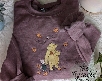 Adult Pooh and Piglet Embroidered Fall Sweatshirt, Autumn Leaves Sweatshirt, Halloween