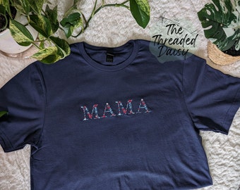 Red, White, & Blue Floral Mama Embroidered T-Shirt, Tee, Embroidery, Independence Day Apparel, Embroidered Flowers, Fourth of July