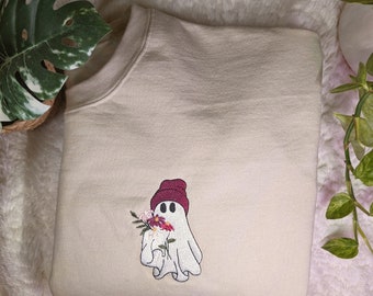 Embroidered Ghost with Bouquet of Flowers Sweatshirt, Ghost Sweatshirt, Embroidery, Ghost with Beanie, Cute Ghost Sweatshirt, Valentines Day