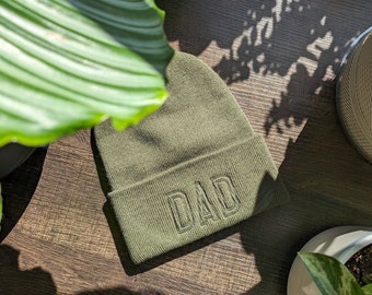 Dad Beanie, Olive Green Embroidered Dad Hat, Embroidery, Port & Company Knit Cap, Father's Day, New Dad Gift