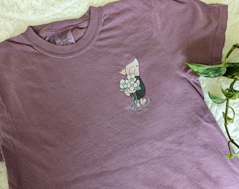 Comfort Colors Embroidered Classic Piglet Holding Flowers T-Shirt, Classic Winnie The Pooh T-Shirt, Embroidered Shirt