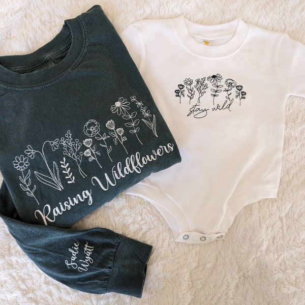 Conjunto de manga larga con estampado de flores silvestres bordadas y colores cómodos, ideal para combinar con una camiseta de burbujas o una camiseta de manga larga, con mangas personalizadas.