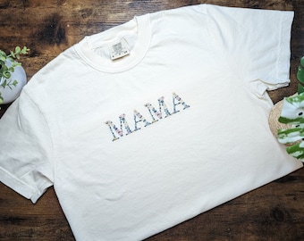 Floral Mama Embroidered Light Color T-Shirt- Mama Floral Tee, Embroidered, Gifts for Her, Embroidered Flowers, Comfort Colors Tee