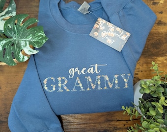 Floral Great Grammy Embroidered Sweatshirt- Indigo Blue, Great Grammy Floral Sweatshirt, Embroidered, Gifts for Her, Embroidered Flowers