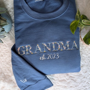 Personalized Floral Grandma Embroidered Sweatshirt, Personalized Sleeve & Year, Grandma Floral Sweatshirt, Embroidered