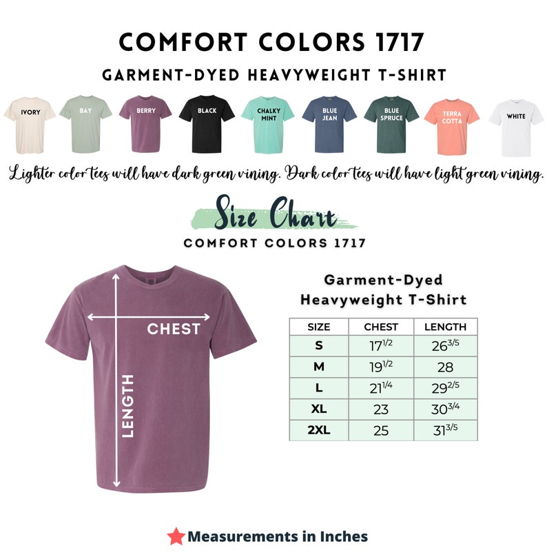 K&ouml;nnte beinhalten: Gr&ouml;&szlig;entabelle f&uuml;r Comfort Colors 1717 Garment-Dyed Heavyweight T-Shirts. Die Tabelle zeigt Brust- und L&auml;ngenma&szlig;e in Zoll f&uuml;r die Gr&ouml;&szlig;en S, M, L, XL und 2XL.