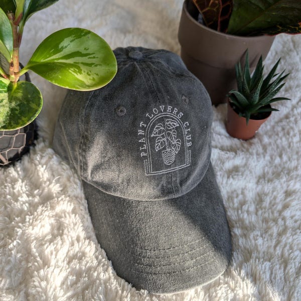 Plant Lovers Club Embroidered Hat, Pigment Dyed Cap, Brass Buckle Closure, Soft Unstructured Cap, Embroidery, w/ White Thread