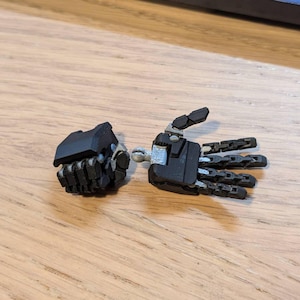 May include: A black articulated robotic hand with a silver gear mechanism. The hand is made of plastic and has a segmented design.