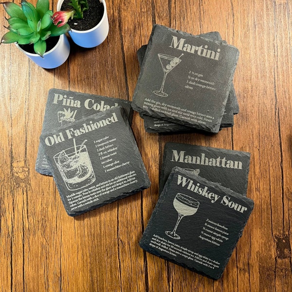 Personalized Slate Cocktail Coaster Set • Unique Gift for Drink Lover • Laser Engraved Coasters • Stone Coaster Set • Cocktail Recipes