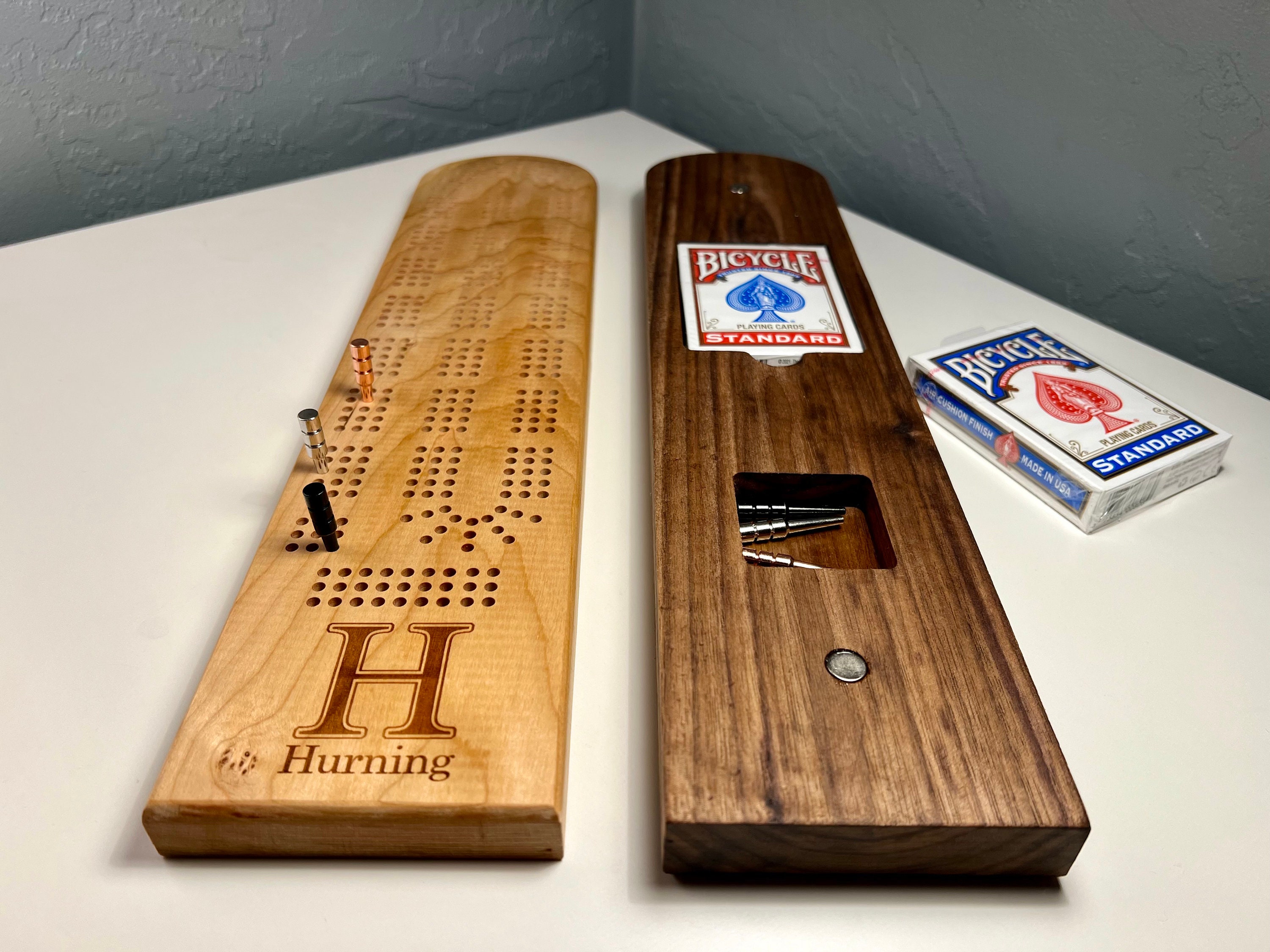 Natural Finish Cribbage Board With 6 Wood Pegs Complete Continous Two Lane  