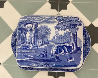 Vintage English Blue ceramic Italian Spode butter dish with lid