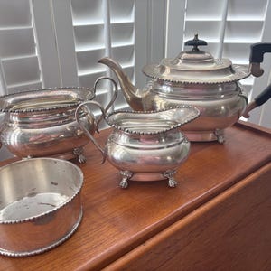 vintage Sheffield silver plated(?) tea set, milk jug,creamer,sugar pot,sugar bowl,art deco tea set,shabby chic