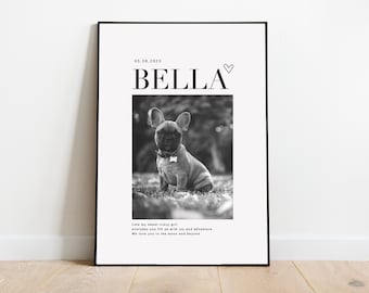 May include: Black and white photo of a French Bulldog puppy named Bella. The photo is on a white background with the date 05.08.2023 and a heart symbol. The text below the photo reads "Little my sweet crazy girl, everyday you fill us with joy and adventure. We love you to the moon and beyond."
