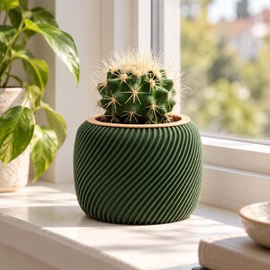 TinyCactusCups / 3D printed green flower pot with wooden ring and green saucer for cacti/succulents / eco-friendly PLA/wood / decoration / indoor