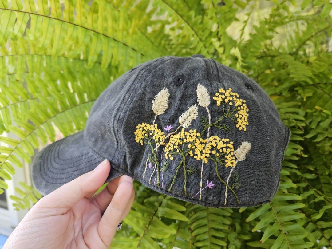Hand Embroidered Hat, Green Floral Embroidery Baseball Cap or Bucket ...