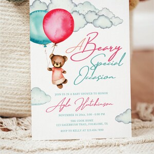 Cute Baby Shower Invitation, Bear And Balloons Custom Baby Shower Invite, Boy Or Girl Printable Baby Shower Invite For Family and Friends
