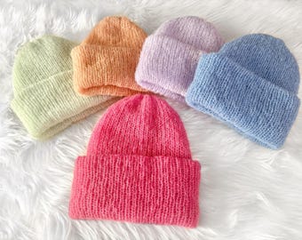Gorro de punto de lujo de doble capa / Seda de alpaca / Gorro de invierno súper suave y cálido / Tonos pastel / Colores primaverales suaves