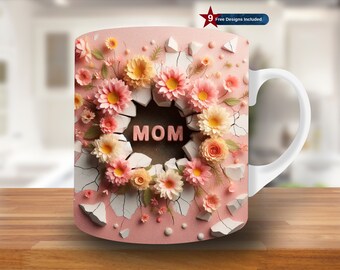 3D Mothers Day Hole in a Wall Mug Wrap, 11oz & 15oz Mug Template, Mug Sublimation Design, Mug Wrap Template,Instant Digital Download PNG,mom