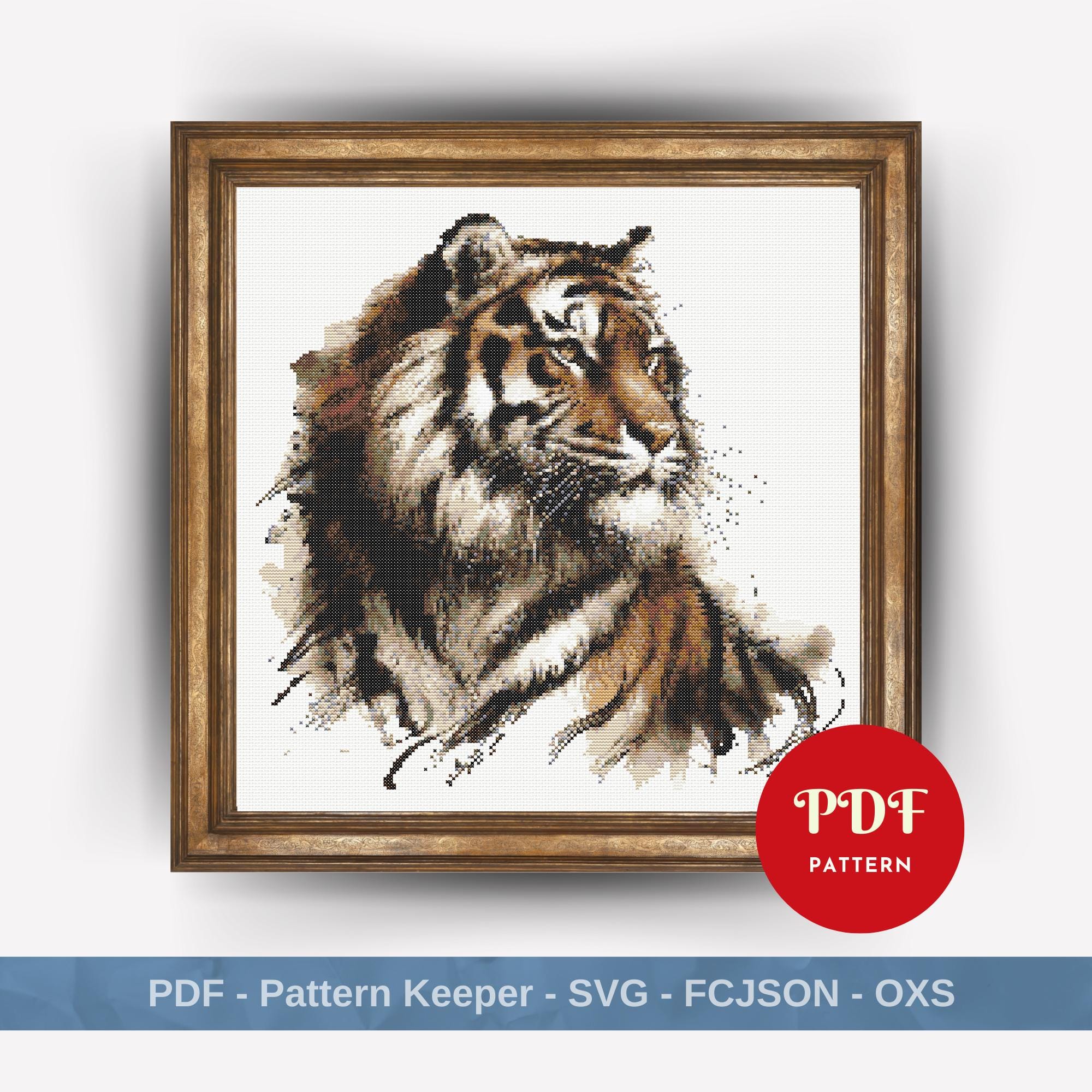 水彩画の虎のクロスステッチパターン、野生動物の刺繍パターン、刺繍