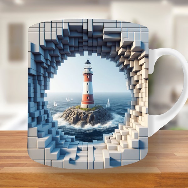 3D Lighthouse Hole in a Wall Mug Wrap, 11oz & 15oz Mug Template, Mug Sublimation Design, Mug Wrap Template PNG,Christmas, Lighthouse mug PNG