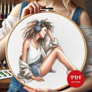 Girl Listening Music Cross Stitch Pattern, Relaxing Embroidery Design, Woman Needlepoint Chart, Easy Cross Stitch PDF Pattern, Instant ,DIY