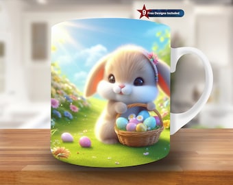 3D Easter Bunny Hole In A Wall Mug Wrap, 11oz & 15oz Mug Template, Mug Sublimation Design, Mug Wrap Template PNG, Easter egg mug wrap, cute