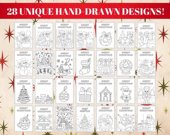 Christmas Coloring Card Bundle - 28 HAND-DRAWN DESIGNS - Printable Holiday Cards to Print&Color at Home - Instant Download, ArtTherapy 5"x7"