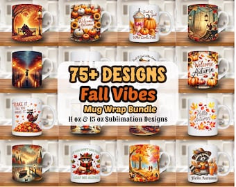 Fall Vibes Mug Wrap Bundle, 11oz & 15oz Mug Template, Autumn Mug Sublimation Design, Pumpkin Mug Wrap Template, Instant Digital Download Png